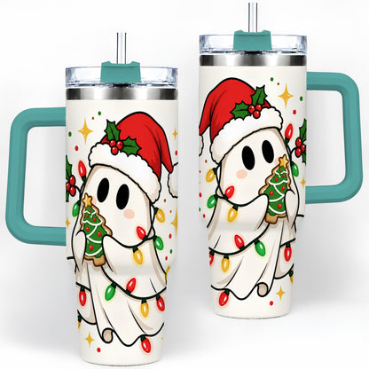 #pl[40oz|Green] Christmas Ghost 40oz Tumbler, Santa Hat Winter Lights Artwork