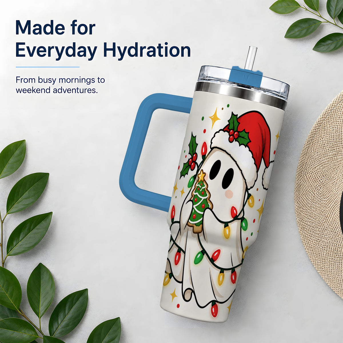 #pl[40oz|Blue] Christmas Ghost 40oz Tumbler, Santa Hat Winter Lights Artwork