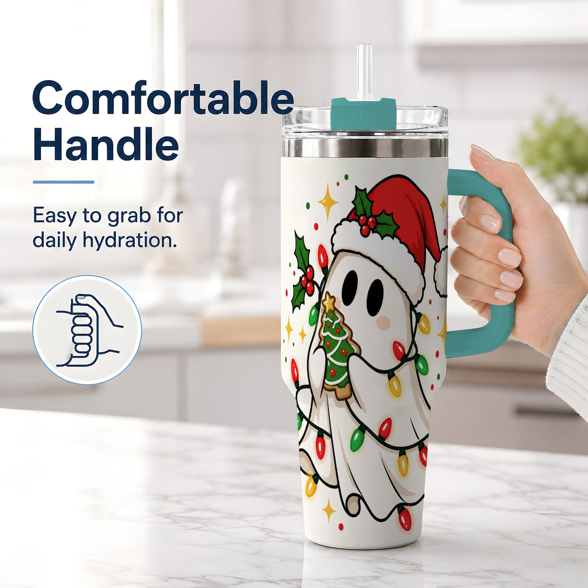 #pl[40oz|Green] Christmas Ghost 40oz Tumbler, Santa Hat Winter Lights Artwork
