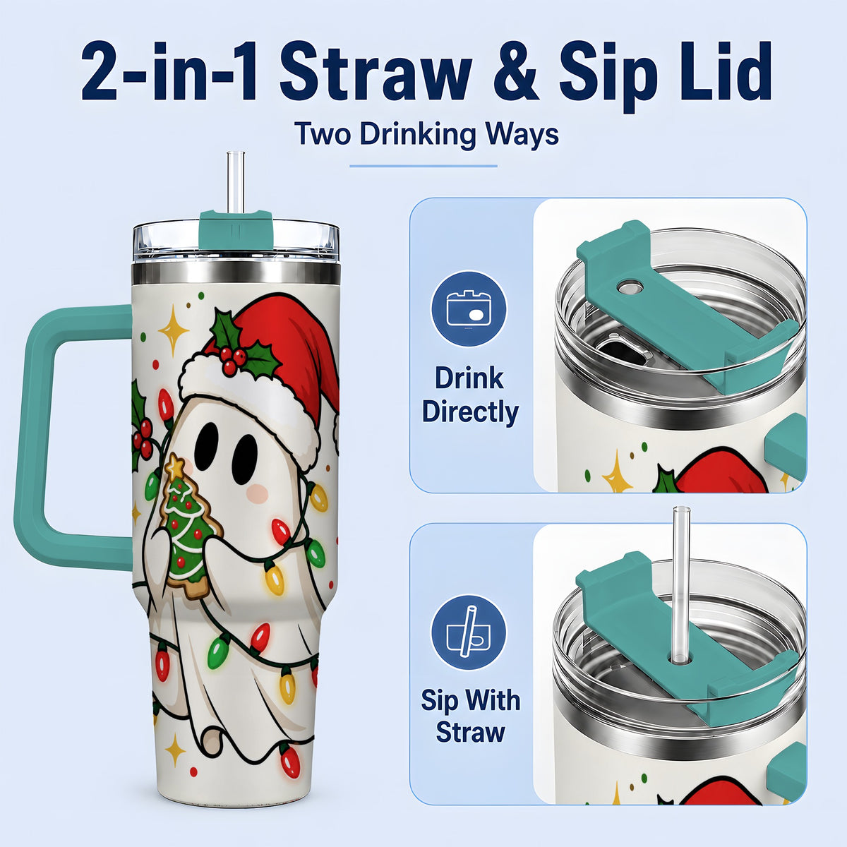 #pl[40oz|Green] Christmas Ghost 40oz Tumbler, Santa Hat Winter Lights Artwork