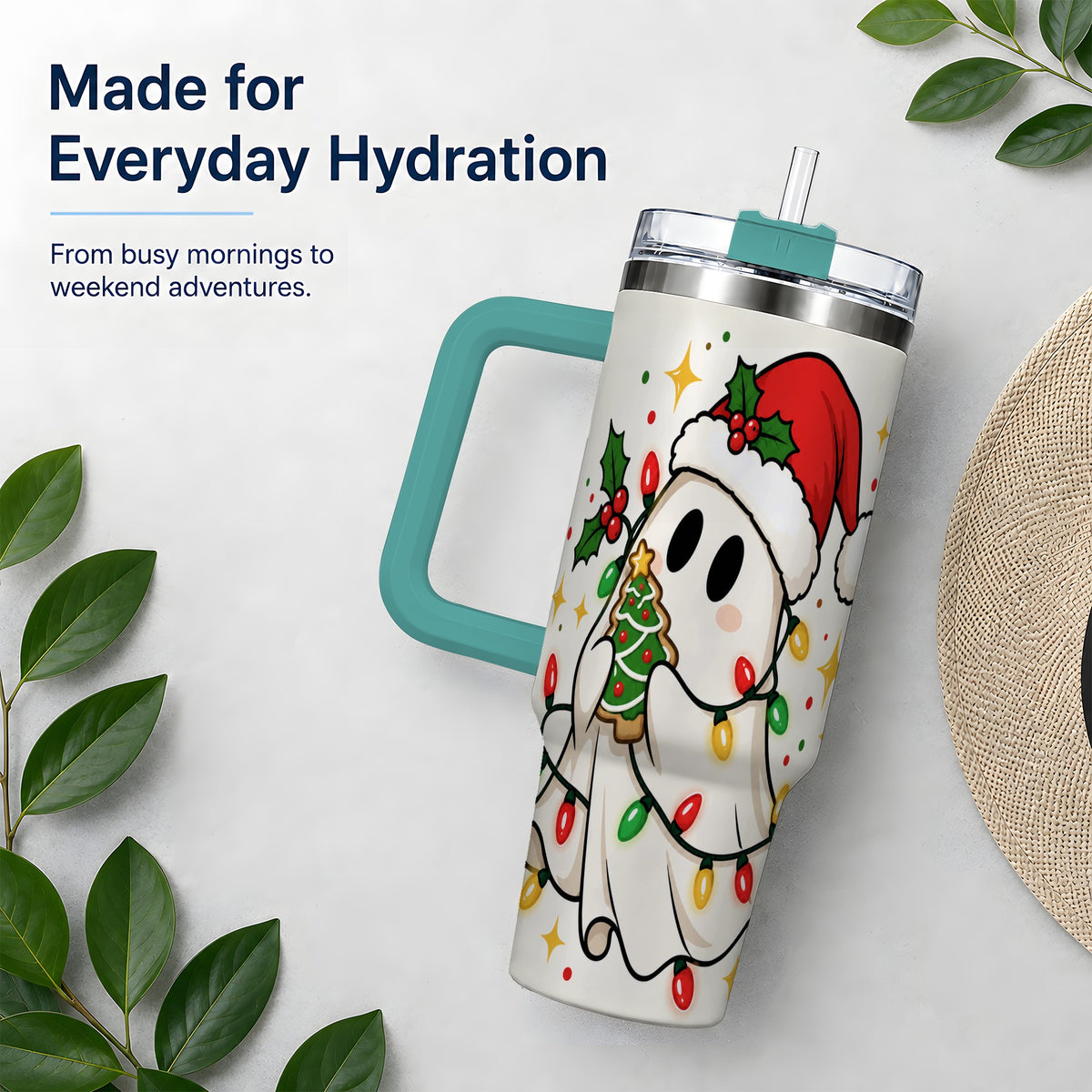 #pl[40oz|Green] Christmas Ghost 40oz Tumbler, Santa Hat Winter Lights Artwork