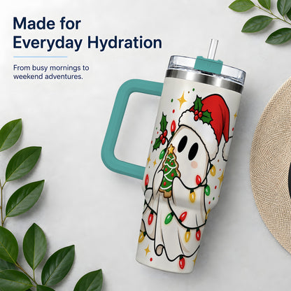 #pl[40oz|Green] Christmas Ghost 40oz Tumbler, Santa Hat Winter Lights Artwork