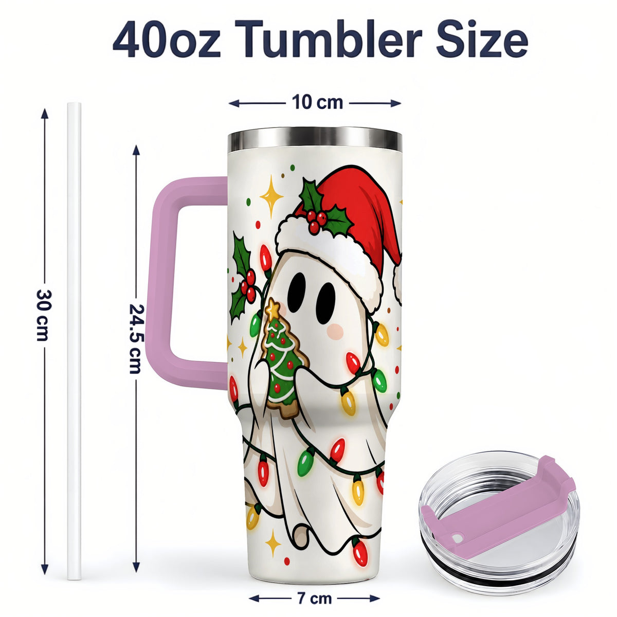 #pl[40oz|Pink] Christmas Ghost 40oz Tumbler, Santa Hat Winter Lights Artwork