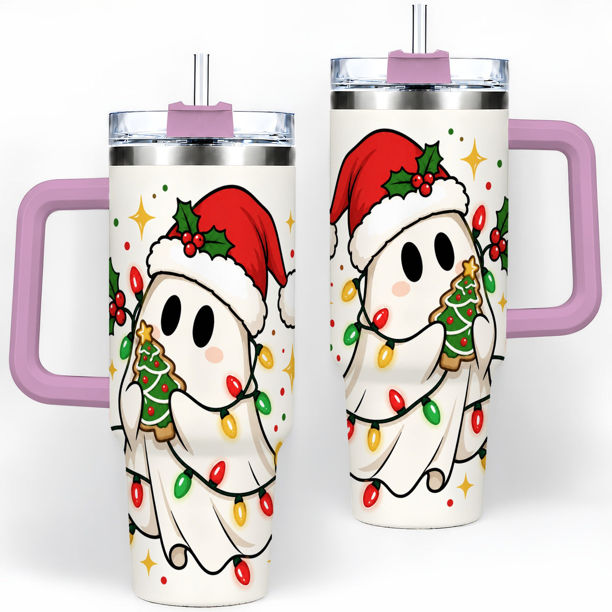 #pl[40oz|Pink] Christmas Ghost 40oz Tumbler, Santa Hat Winter Lights Artwork