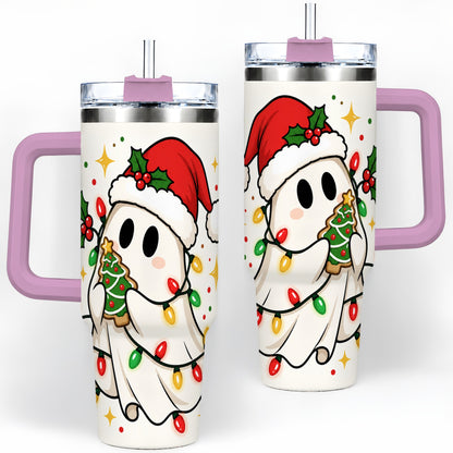#pl[40oz|Pink] Christmas Ghost 40oz Tumbler, Santa Hat Winter Lights Artwork