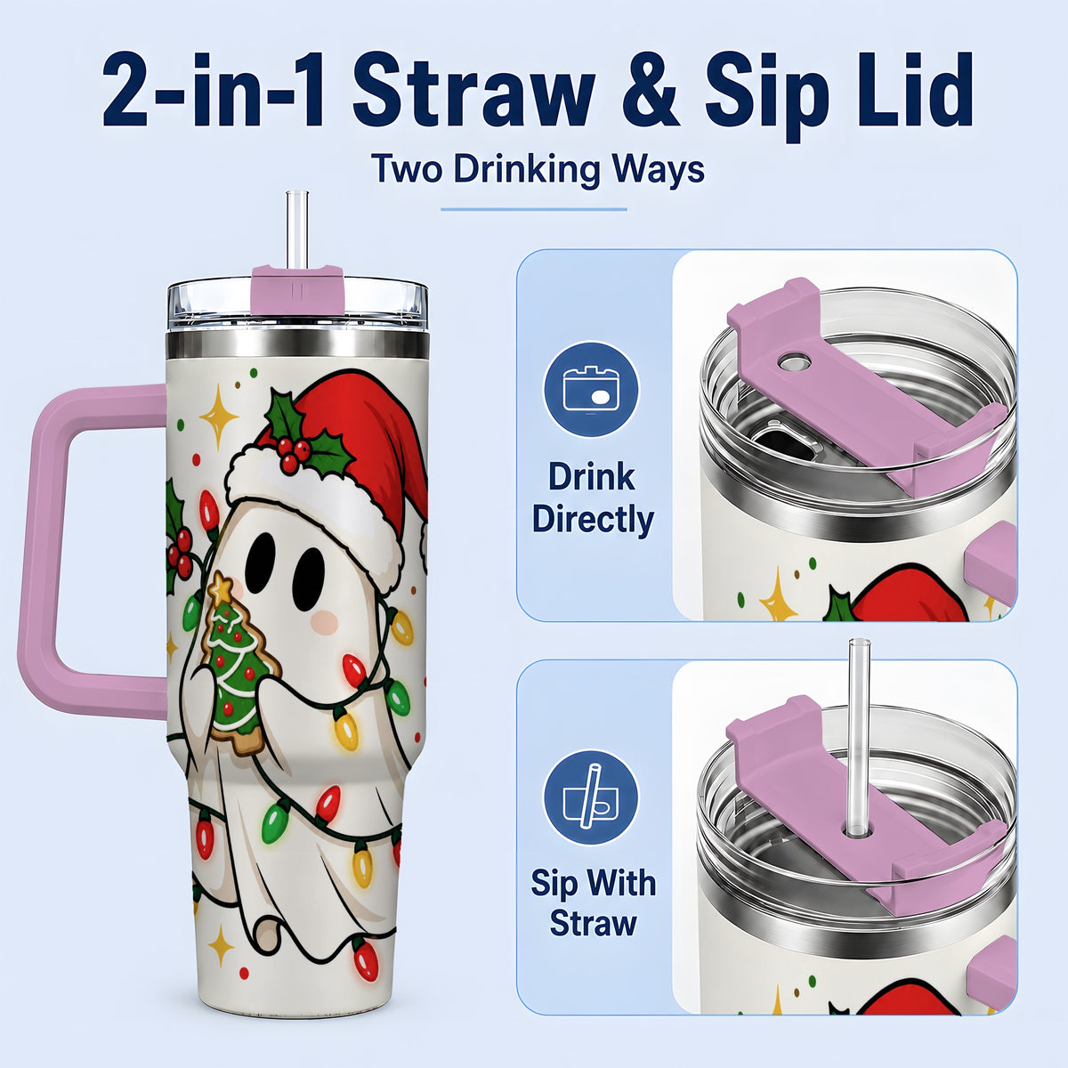 #pl[40oz|Pink] Christmas Ghost 40oz Tumbler, Santa Hat Winter Lights Artwork