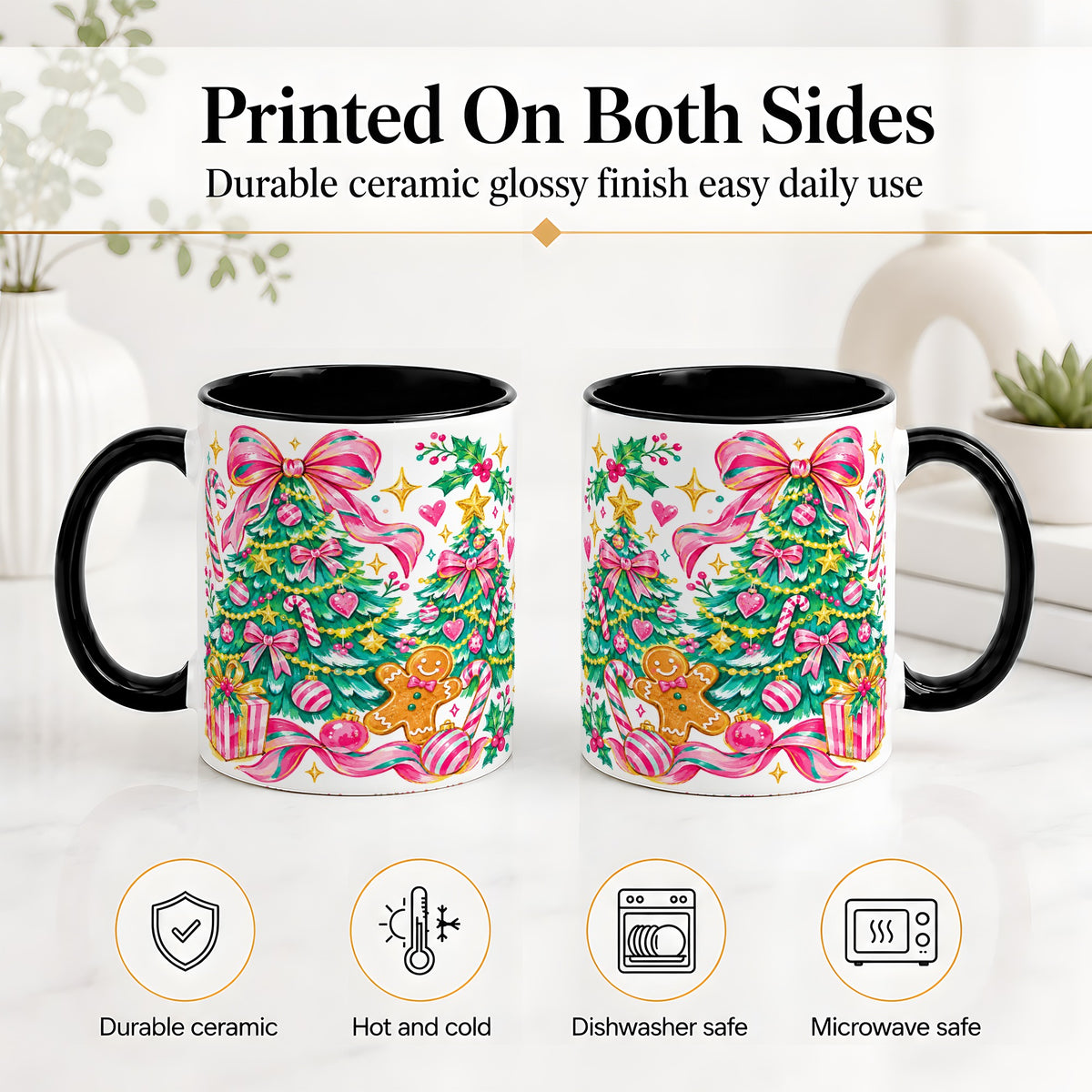 #pl[11oz|Black] Pink Christmas Tree Ceramic Mug, Bright Candy Cane Holiday Artwork