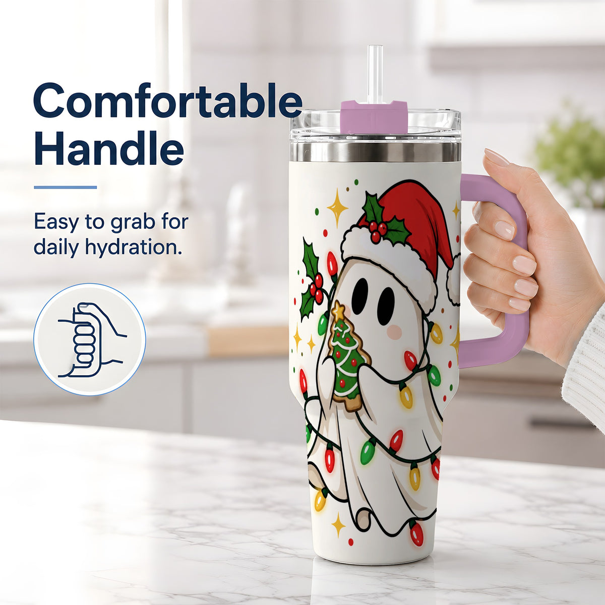 #pl[40oz|Pink] Christmas Ghost 40oz Tumbler, Santa Hat Winter Lights Artwork
