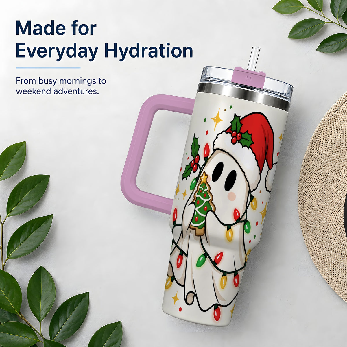 #pl[40oz|Pink] Christmas Ghost 40oz Tumbler, Santa Hat Winter Lights Artwork