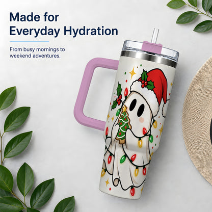 #pl[40oz|Pink] Christmas Ghost 40oz Tumbler, Santa Hat Winter Lights Artwork