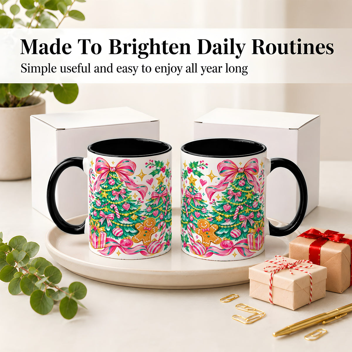 #pl[11oz|Black] Pink Christmas Tree Ceramic Mug, Bright Candy Cane Holiday Artwork