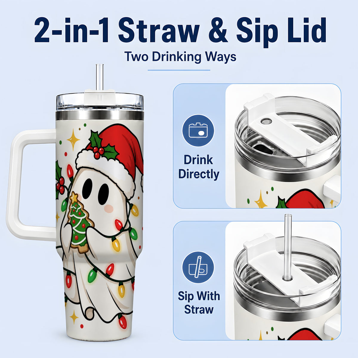 #pl[40oz|White] Christmas Ghost 40oz Tumbler, Santa Hat Winter Lights Artwork