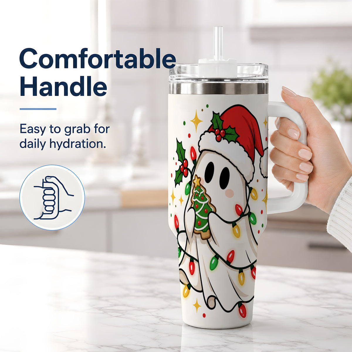 #pl[40oz|White] Christmas Ghost 40oz Tumbler, Santa Hat Winter Lights Artwork