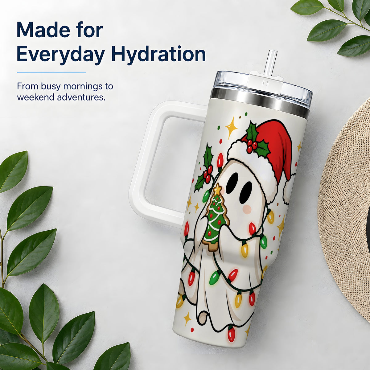 #pl[40oz|White] Christmas Ghost 40oz Tumbler, Santa Hat Winter Lights Artwork