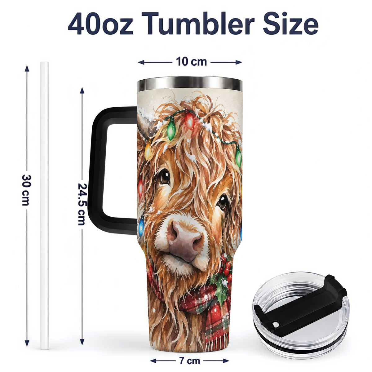 #pl[40oz|Black] Christmas Highland Cow 40oz Tumbler, Festive Watercolor Art
