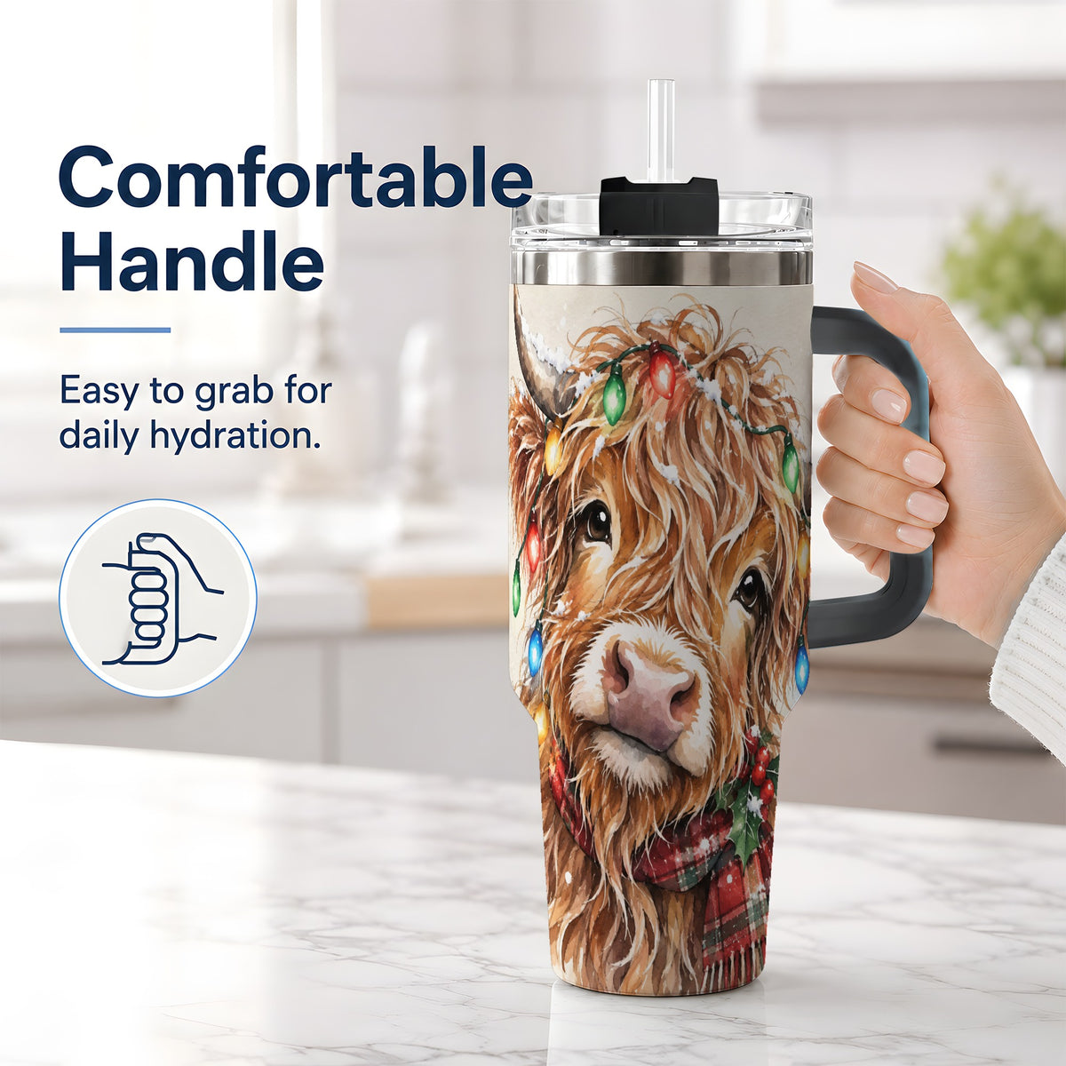 #pl[40oz|Black] Christmas Highland Cow 40oz Tumbler, Festive Watercolor Art