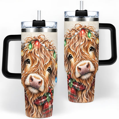#pl[40oz|Black] Christmas Highland Cow 40oz Tumbler, Festive Watercolor Art