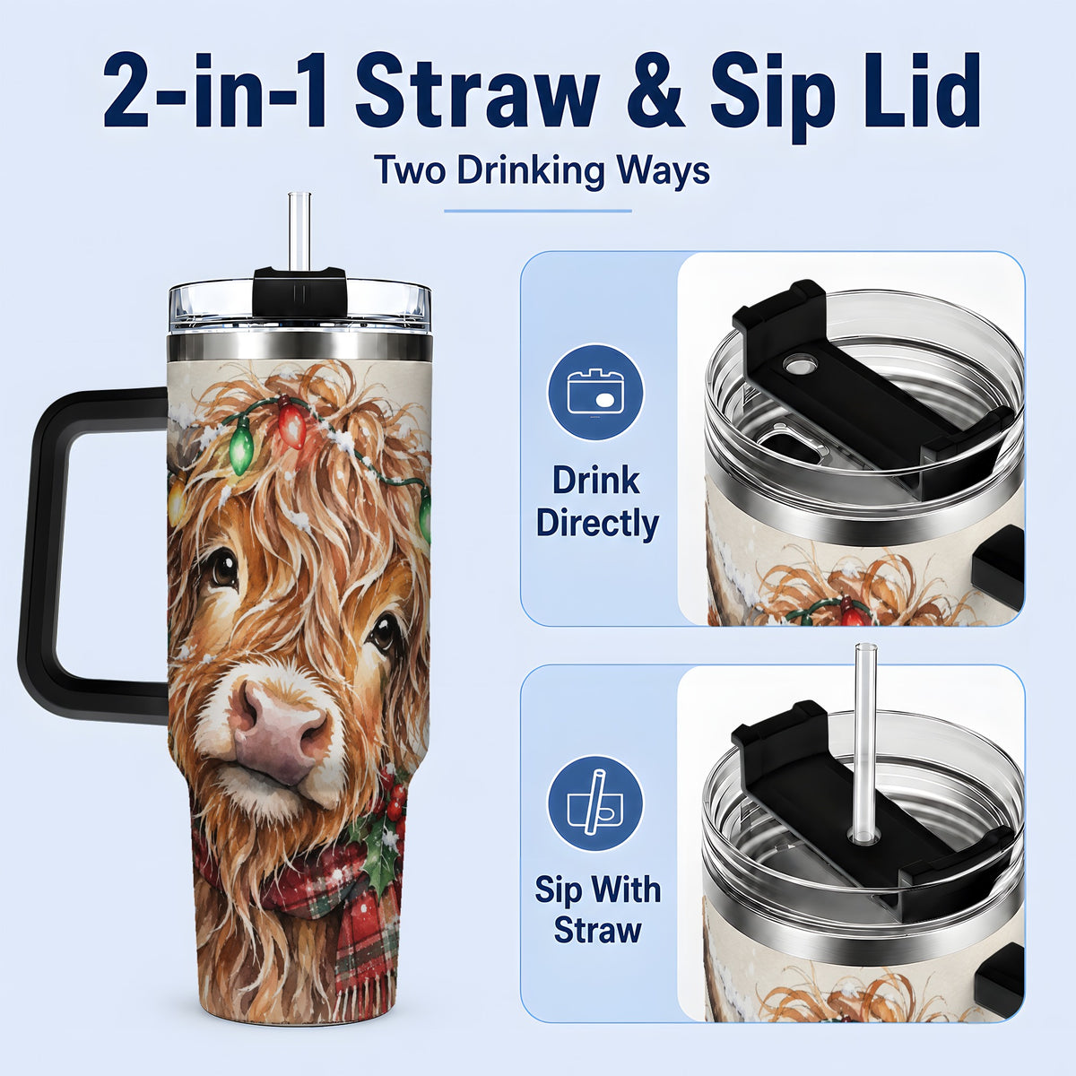 #pl[40oz|Black] Christmas Highland Cow 40oz Tumbler, Festive Watercolor Art