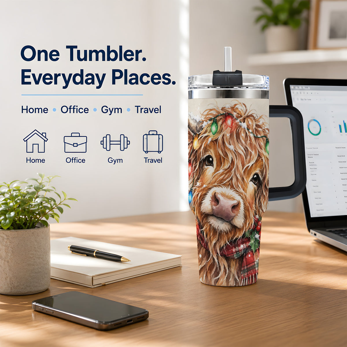 #pl[40oz|Black] Christmas Highland Cow 40oz Tumbler, Festive Watercolor Art