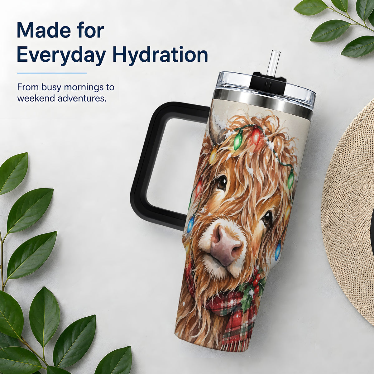 #pl[40oz|Black] Christmas Highland Cow 40oz Tumbler, Festive Watercolor Art