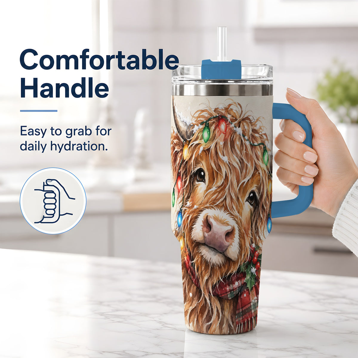 #pl[40oz|Blue] Christmas Highland Cow 40oz Tumbler, Festive Watercolor Art
