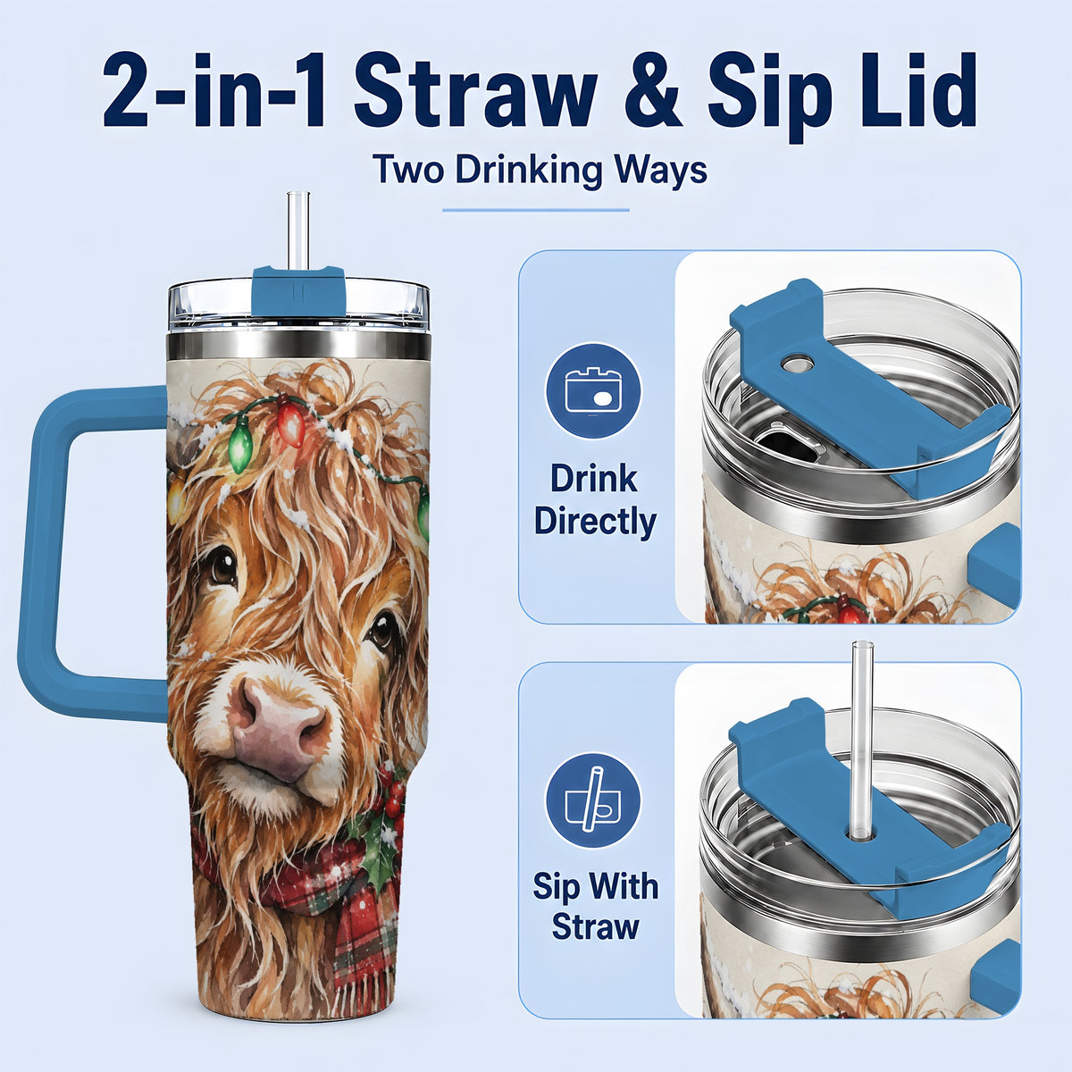 #pl[40oz|Blue] Christmas Highland Cow 40oz Tumbler, Festive Watercolor Art