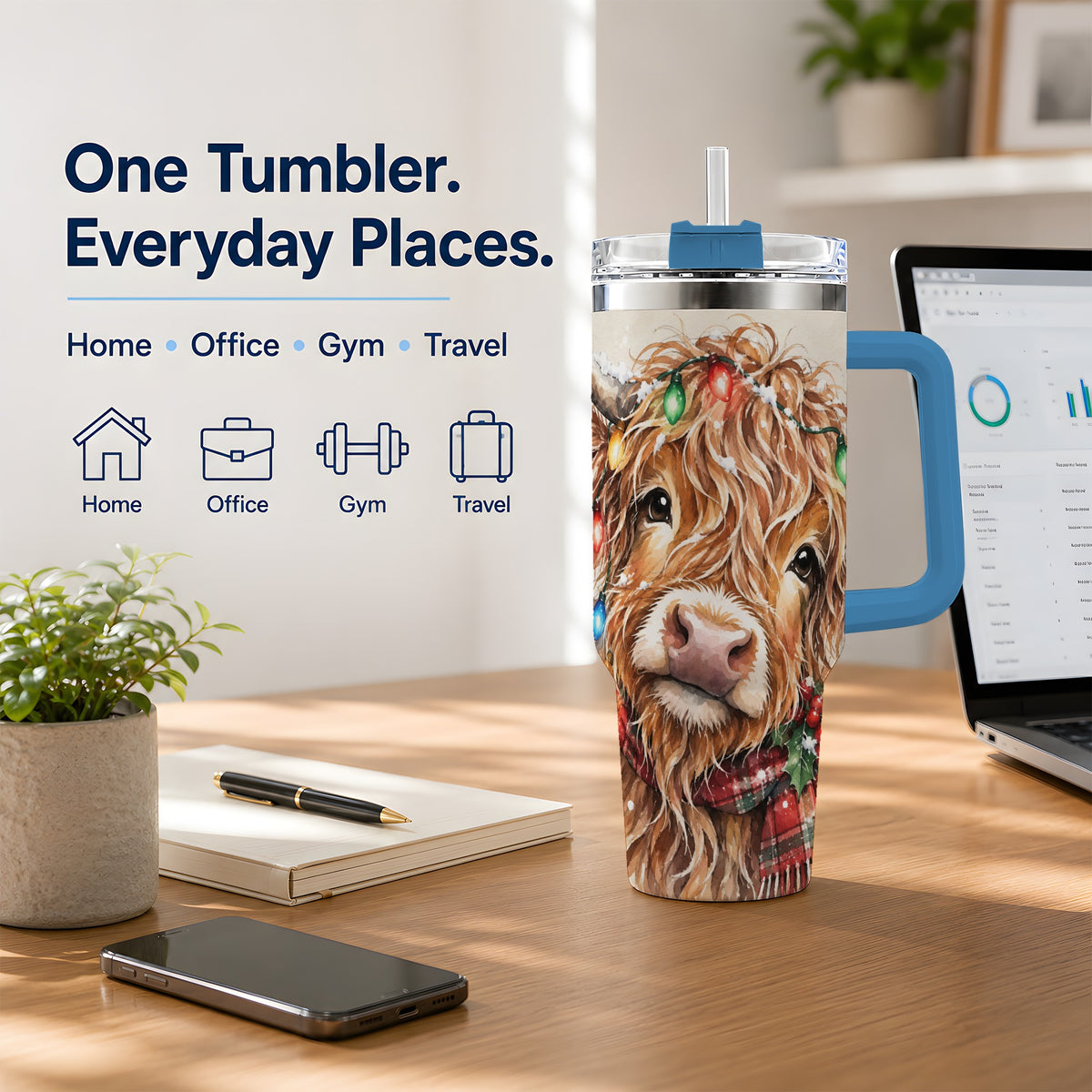 #pl[40oz|Blue] Christmas Highland Cow 40oz Tumbler, Festive Watercolor Art