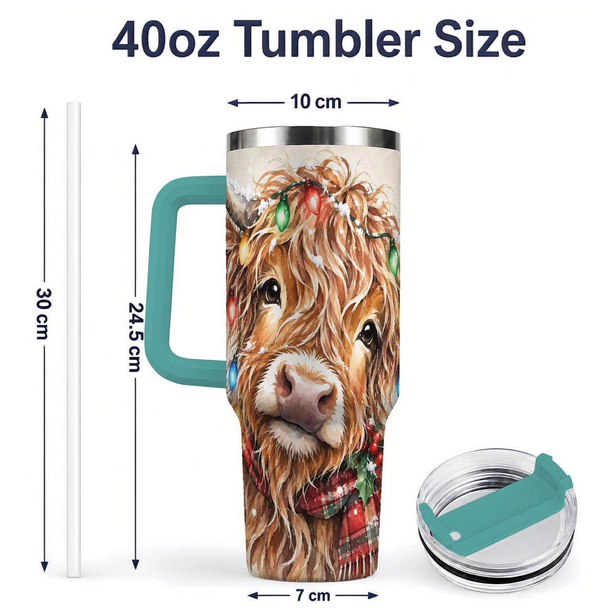#pl[40oz|Green] Christmas Highland Cow 40oz Tumbler, Festive Watercolor Art