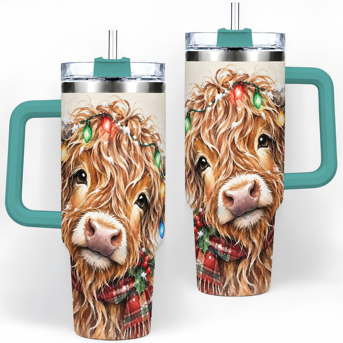 #pl[40oz|Green] Christmas Highland Cow 40oz Tumbler, Festive Watercolor Art