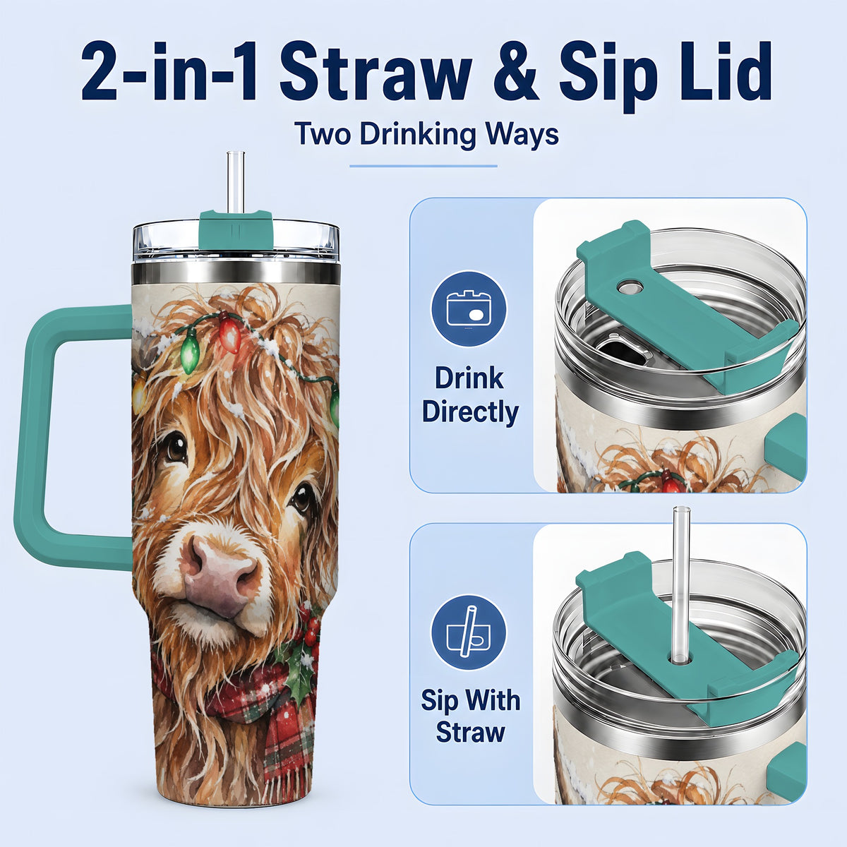 #pl[40oz|Green] Christmas Highland Cow 40oz Tumbler, Festive Watercolor Art