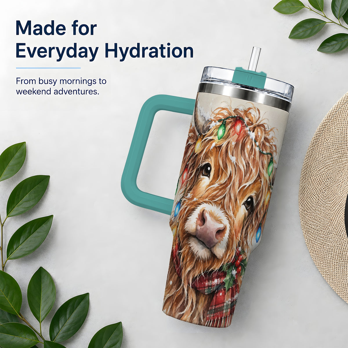 #pl[40oz|Green] Christmas Highland Cow 40oz Tumbler, Festive Watercolor Art