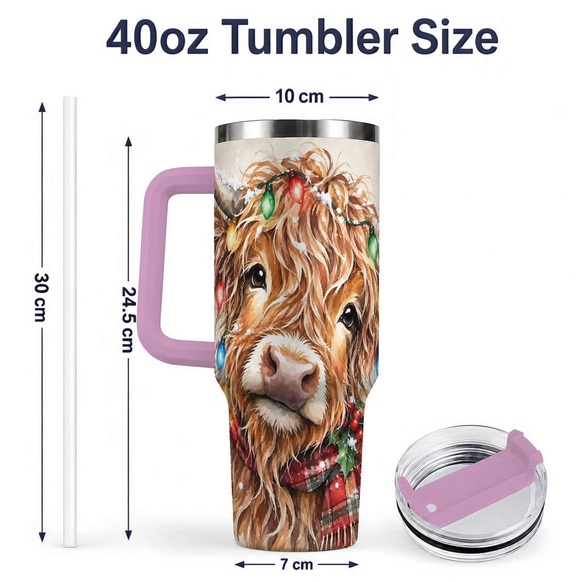 #pl[40oz|Pink] Christmas Highland Cow 40oz Tumbler, Festive Watercolor Art