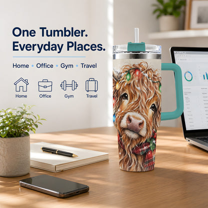 #pl[40oz|Green] Christmas Highland Cow 40oz Tumbler, Festive Watercolor Art