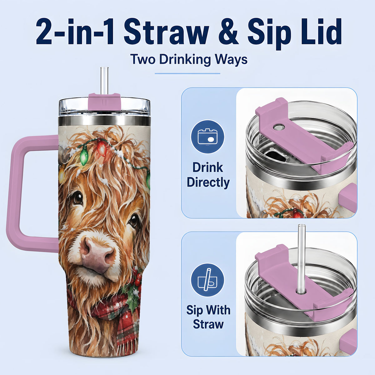 #pl[40oz|Pink] Christmas Highland Cow 40oz Tumbler, Festive Watercolor Art