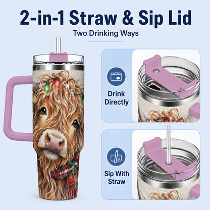 #pl[40oz|Pink] Christmas Highland Cow 40oz Tumbler, Festive Watercolor Art