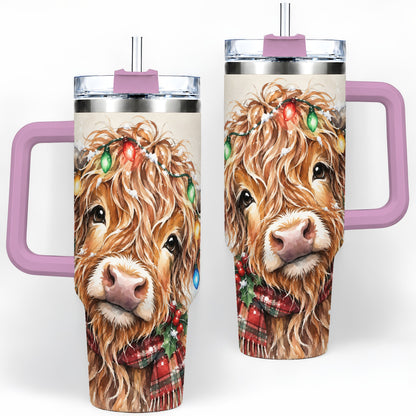 #pl[40oz|Pink] Christmas Highland Cow 40oz Tumbler, Festive Watercolor Art