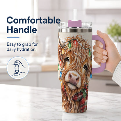 #pl[40oz|Pink] Christmas Highland Cow 40oz Tumbler, Festive Watercolor Art