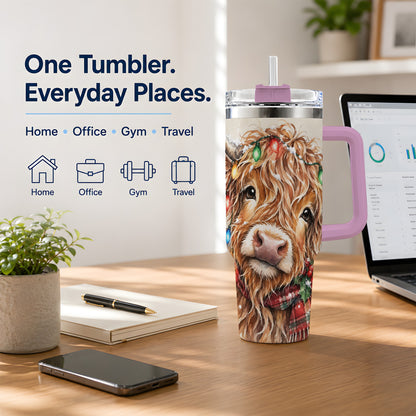 #pl[40oz|Pink] Christmas Highland Cow 40oz Tumbler, Festive Watercolor Art