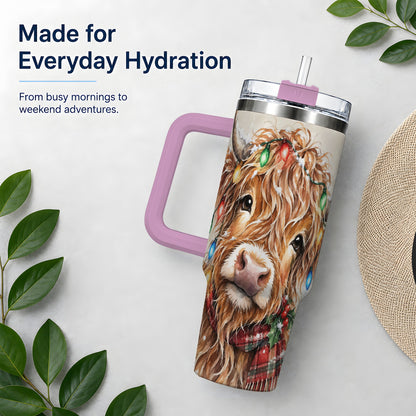 #pl[40oz|Pink] Christmas Highland Cow 40oz Tumbler, Festive Watercolor Art