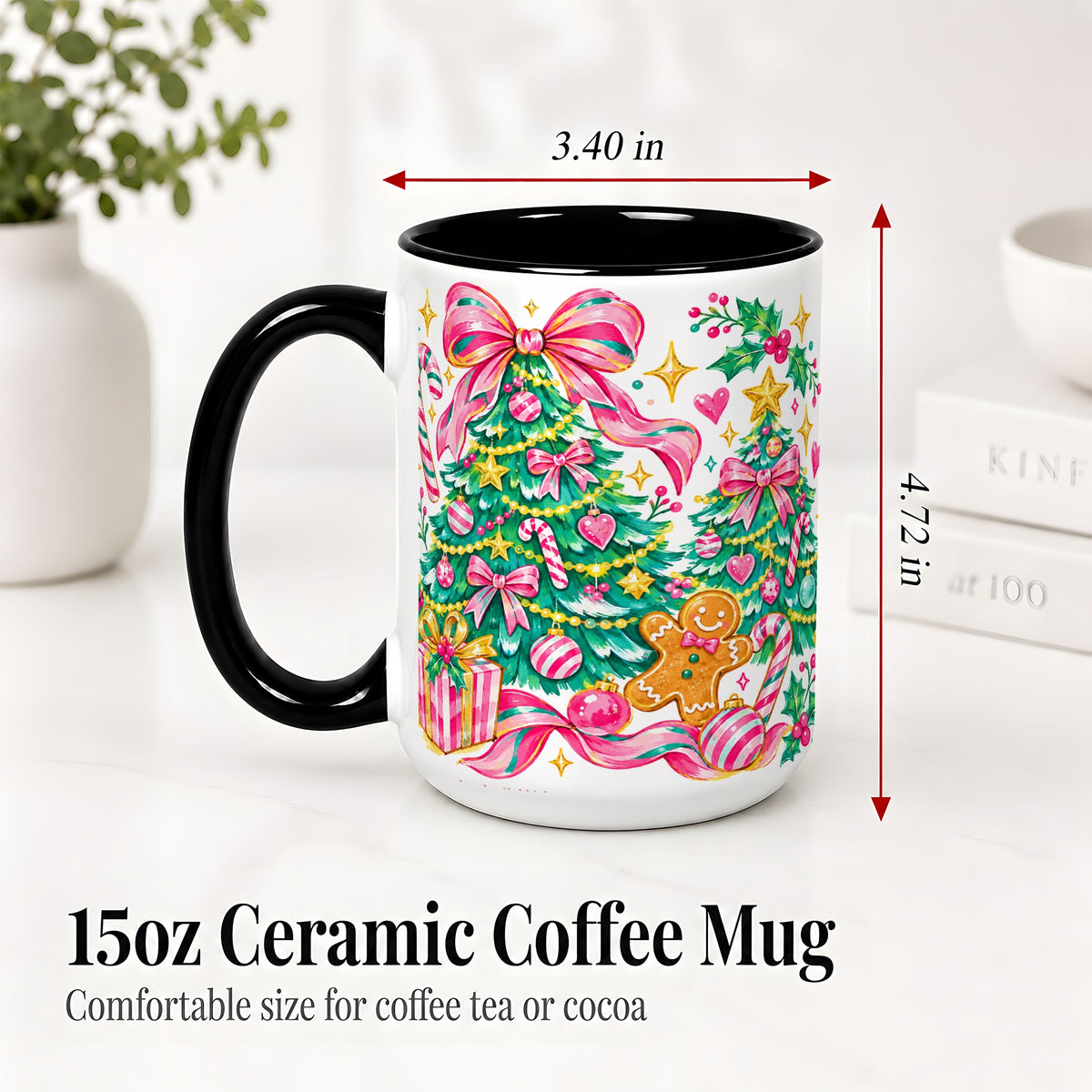 #pl[15oz|Black] Pink Christmas Tree Ceramic Mug, Bright Candy Cane Holiday Artwork