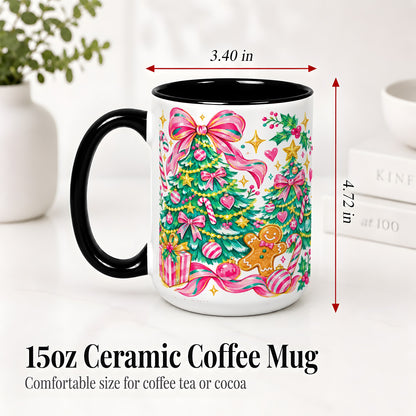 #pl[15oz|Black] Pink Christmas Tree Ceramic Mug, Bright Candy Cane Holiday Artwork