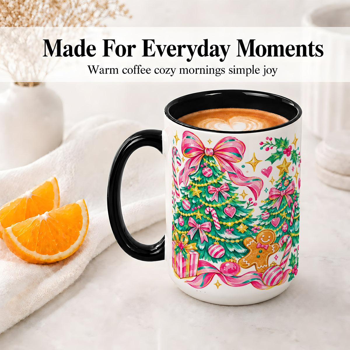 #pl[15oz|Black] Pink Christmas Tree Ceramic Mug, Bright Candy Cane Holiday Artwork