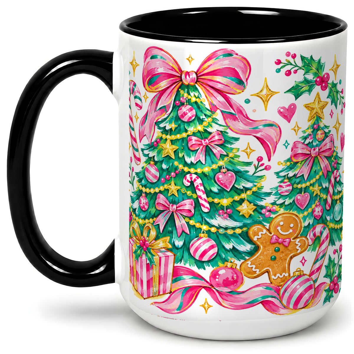 #pl[15oz|Black] Pink Christmas Tree Ceramic Mug, Bright Candy Cane Holiday Artwork