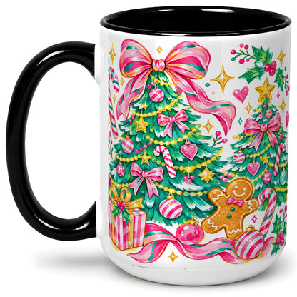 #pl[15oz|Black] Pink Christmas Tree Ceramic Mug, Bright Candy Cane Holiday Artwork