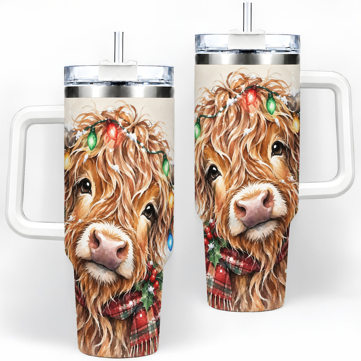 Christmas Highland Cow 40oz Tumbler, Festive Watercolor Art