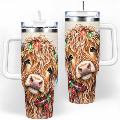 Christmas Highland Cow 40oz Tumbler, Festive Watercolor Art
