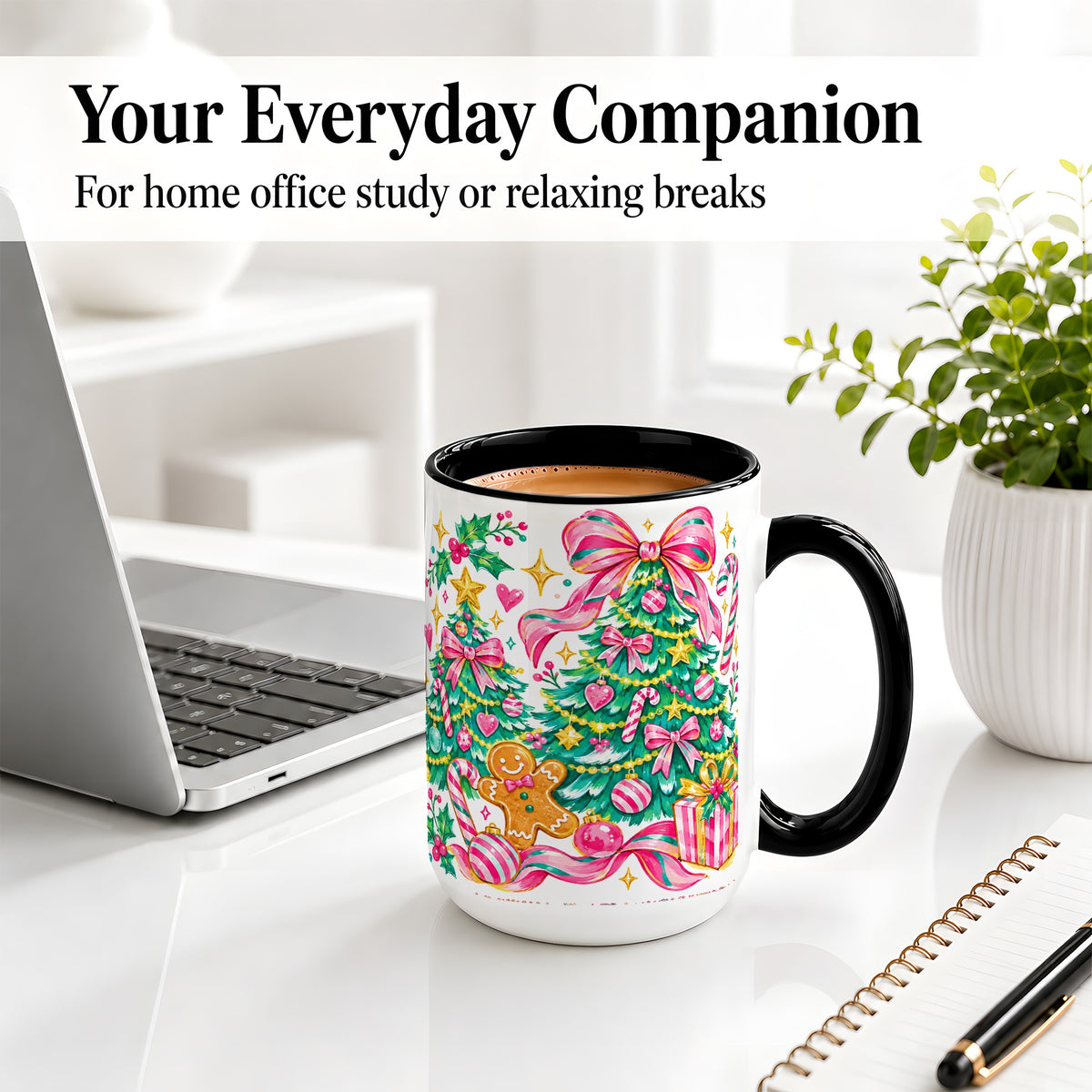 #pl[15oz|Black] Pink Christmas Tree Ceramic Mug, Bright Candy Cane Holiday Artwork