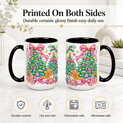 #pl[15oz|Black] Pink Christmas Tree Ceramic Mug, Bright Candy Cane Holiday Artwork