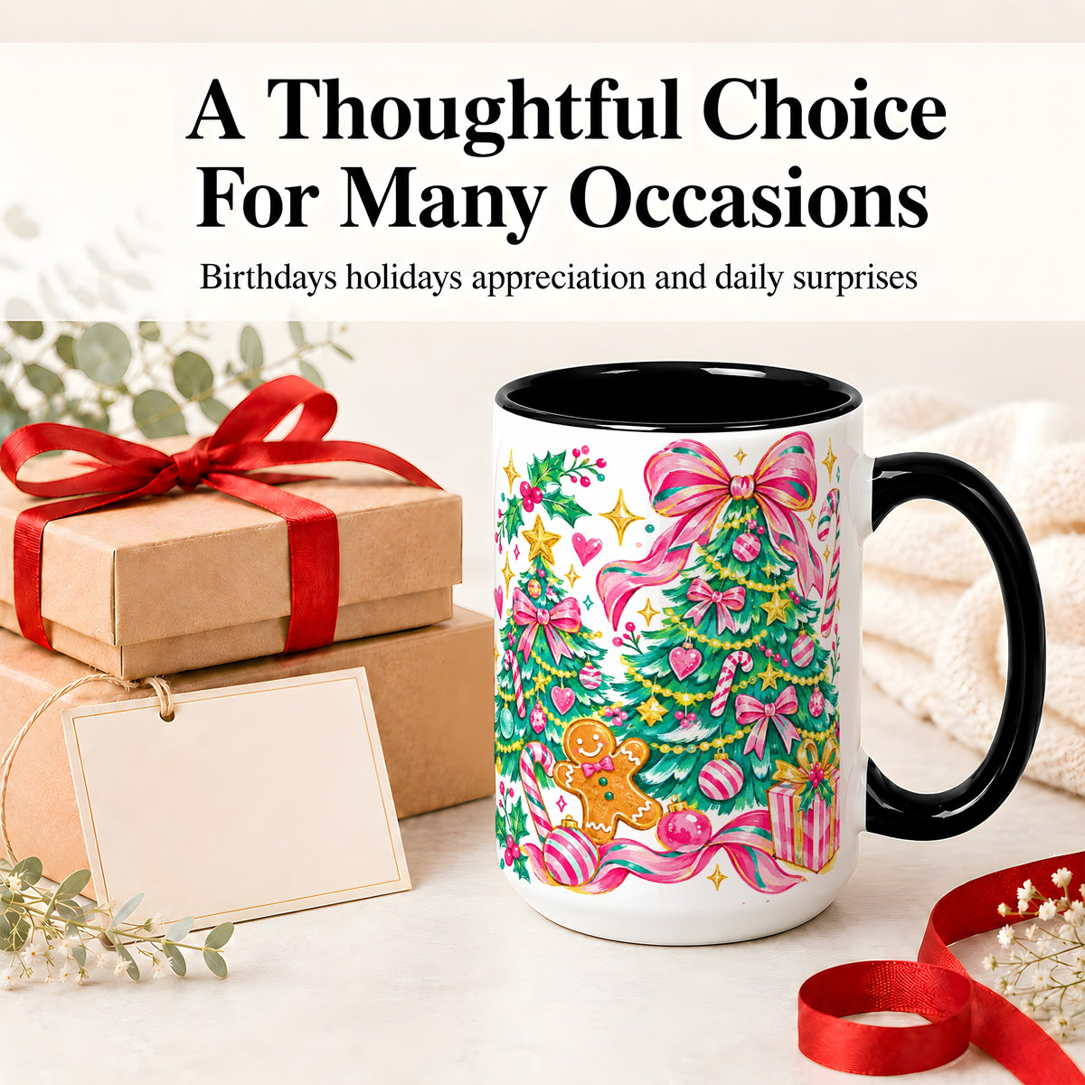 #pl[15oz|Black] Pink Christmas Tree Ceramic Mug, Bright Candy Cane Holiday Artwork