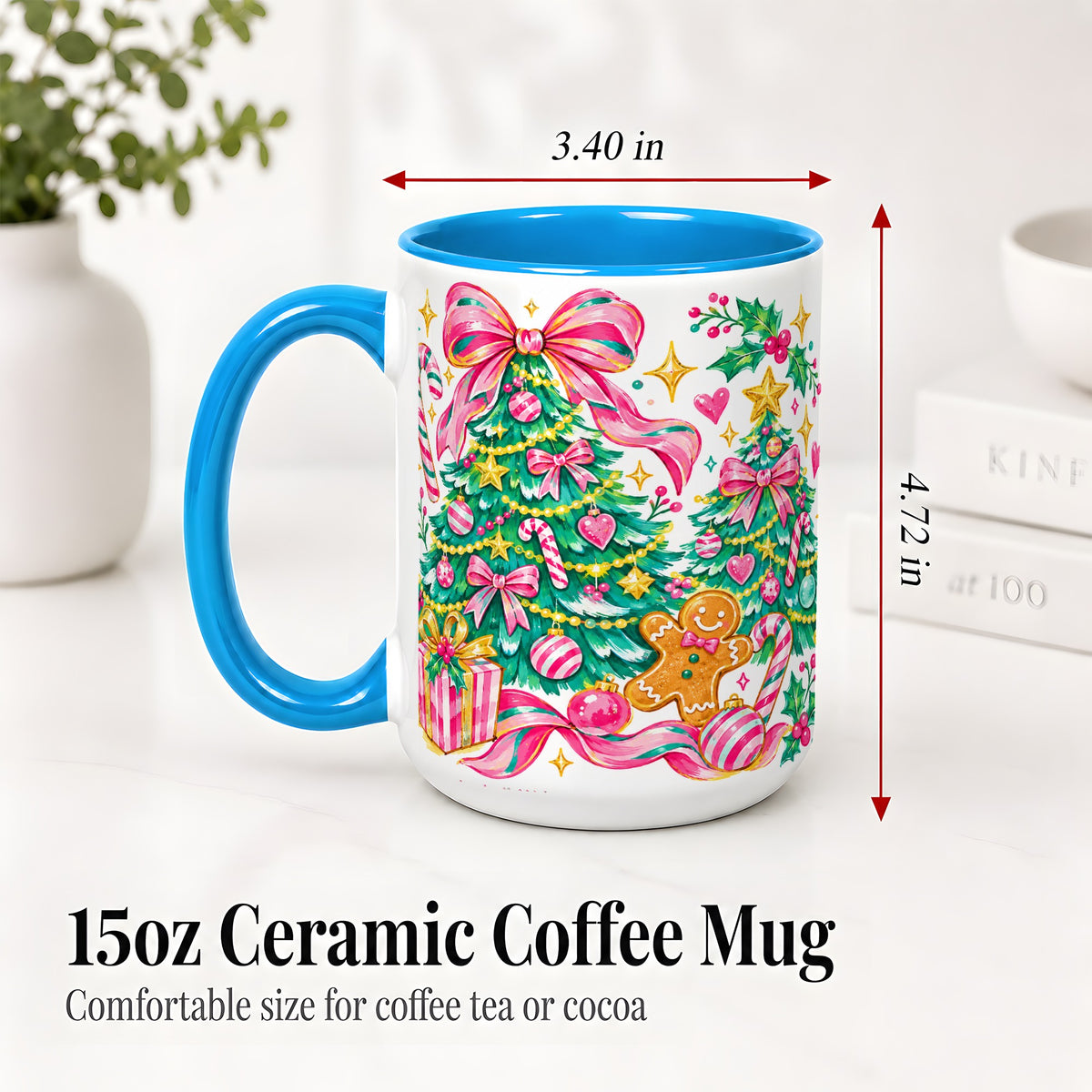 #pl[15oz|Blue] Pink Christmas Tree Ceramic Mug, Bright Candy Cane Holiday Artwork